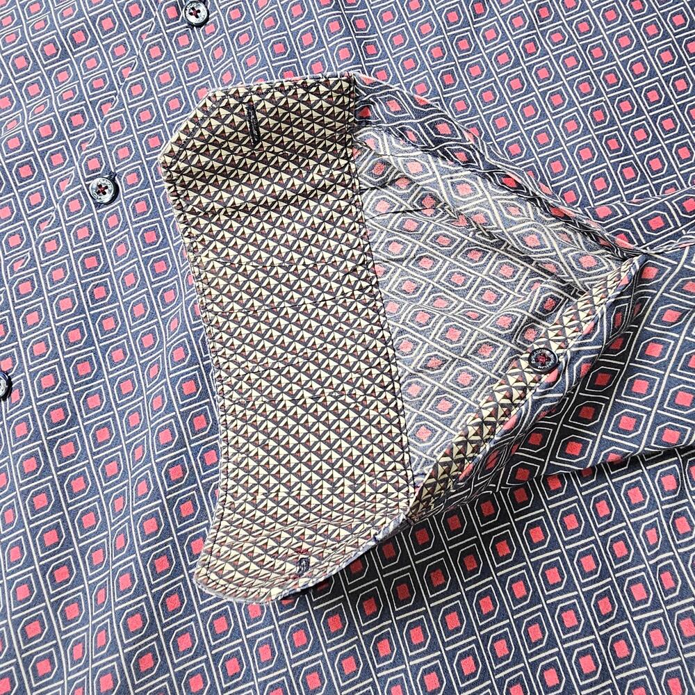 Bugatchi Mini Print Collared Button Up Blue Red C… - image 6